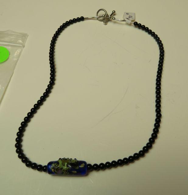 17" Frog on a log necklace w/onyx bead & sterling toggle clasp