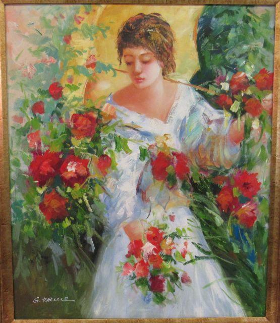 Framed Oil  Lady and Roses by G Pruie  31" x 27"