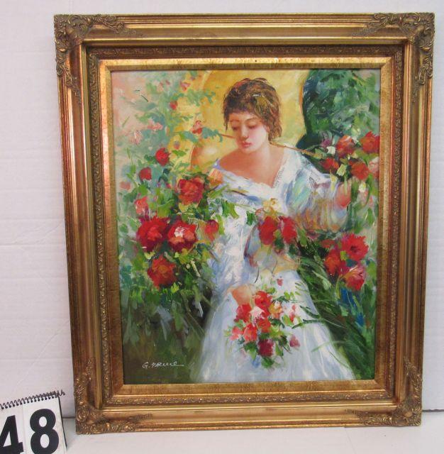 Framed Oil  Lady and Roses by G Pruie  31" x 27"