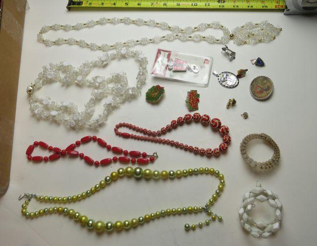 mixed beaded necklaces, lapel pins, beaded bracelets
