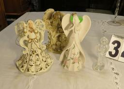 group of 4 ceramic and glass angel figures (angel on right is lighted.