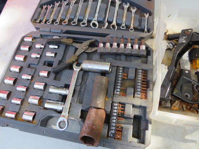 mixed lot pop rivet gun, wrenches, sockets, box lag bolts