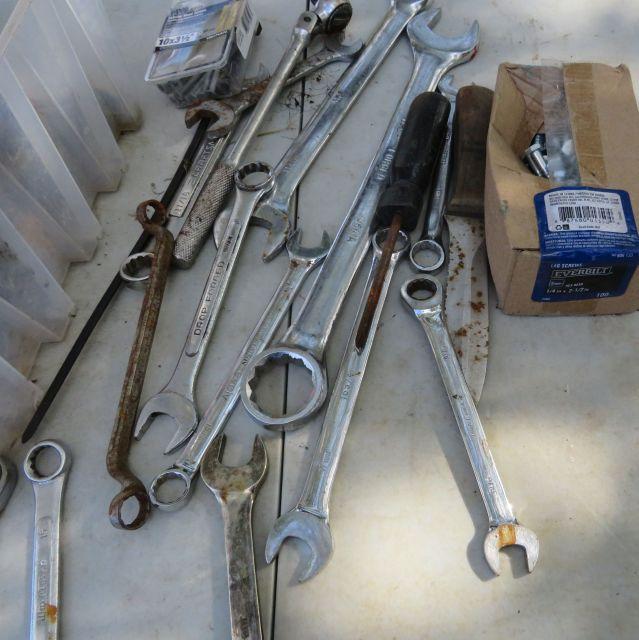 mixed lot pop rivet gun, wrenches, sockets, box lag bolts