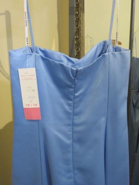 Dave and Johnny, size 13/14,  baby blue formal dress with spaghetti straps and rhinestone at waist.