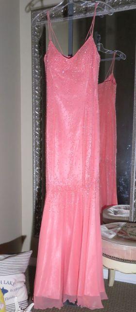 B' Dazzle, size 6, Peachy Pink beaded dress with spaghetti straps. Perfect for prom or homecoming. B