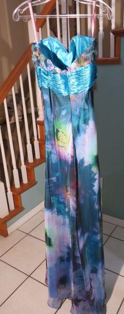 Size 6 Blush Prom dress with Spaghetti straps multi-colored, predominately blues...Bust 35; Waist 28