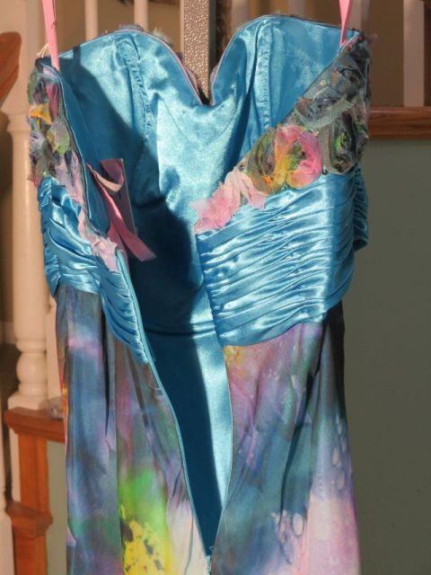 Size 6 Blush Prom dress with Spaghetti straps multi-colored, predominately blues...Bust 35; Waist 28