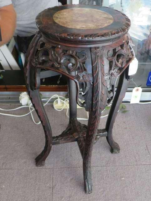 ornate carved plant stand faux marble top 11" diameter x 24" high