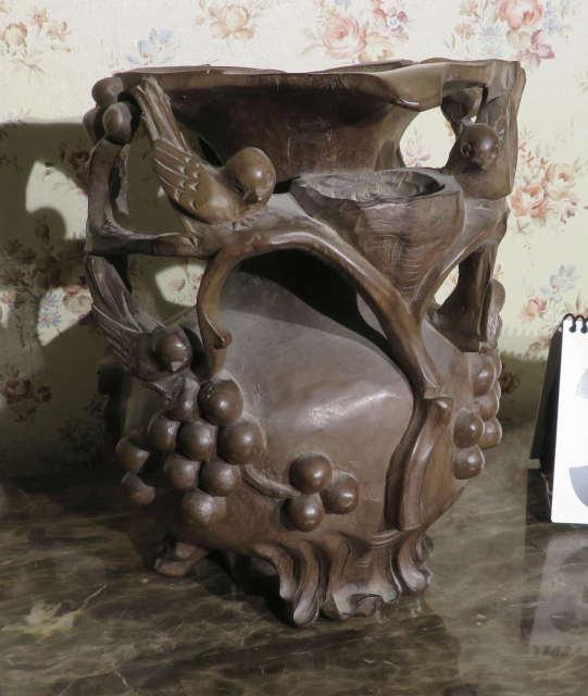 ornately carved wood vase 10" h