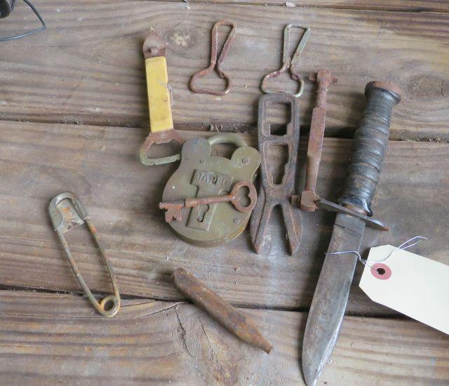 leather handled hunting knife, can openers, old brass lock, bottle opener