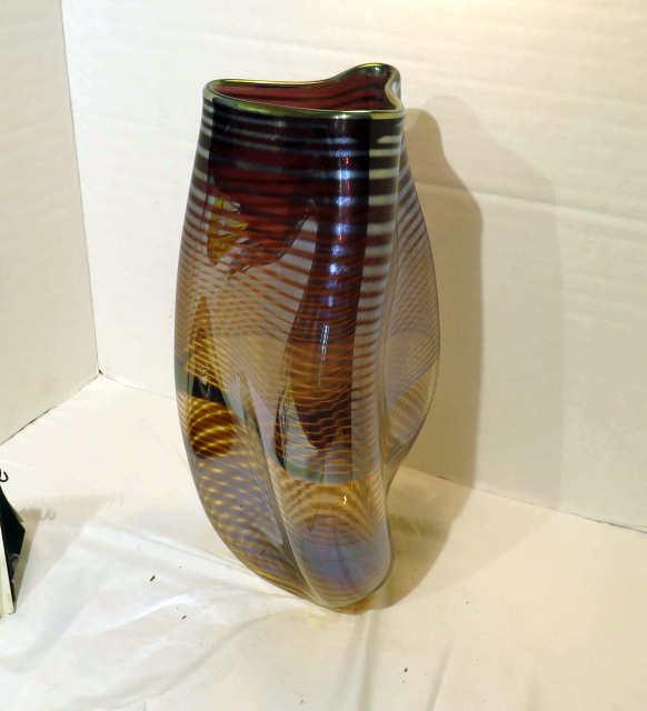 triangular shaped brown striped art glass vase 9" x 9" x 15" high