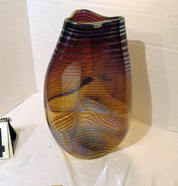 triangular shaped brown striped art glass vase 9" x 9" x 15" high