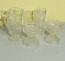cut glass 9” high pitcher, (1) candle holders 7” high x 6” diameter, cut glass flower vase 9” high