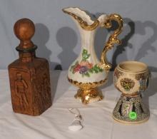 mixed lot wood clad Roman bottle , Victorian pitcher, German stein