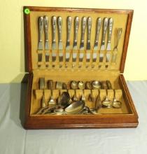 Monarch 12 place setting plated silver flatware (12) dinner forks, (11) dinner knives (9)desert fork