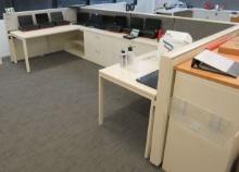 4 station cubicle, incl 4 lateral file cabinets, 4 shelving units, 4 desk tops, Footprint: 16' x ...