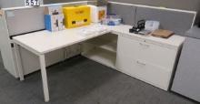 Single station cubicle, 6.5 ft x 6.5 ft, 1 desk, 1 file cabinet, 1 shelving unit