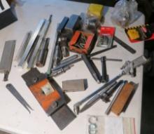 Assorted Machine shop tooling including air blower, box of pins, shafts, and square stocks, bit h...