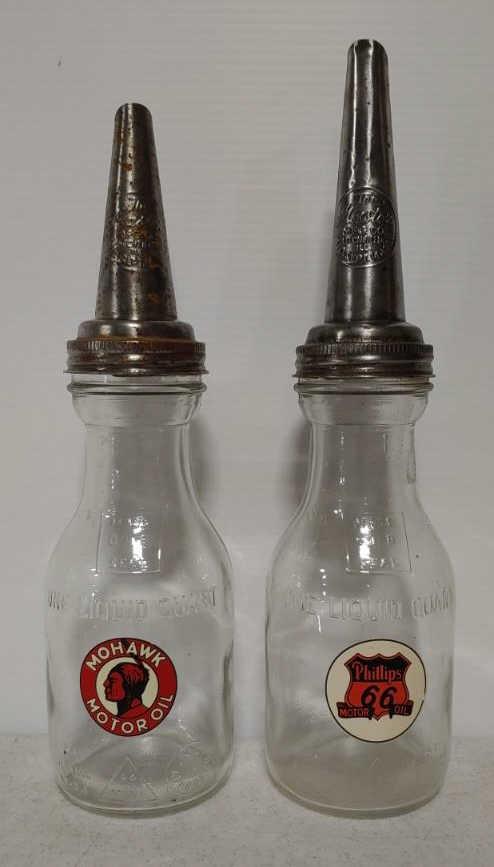 2 quart glass oil cans w/ metal spouts