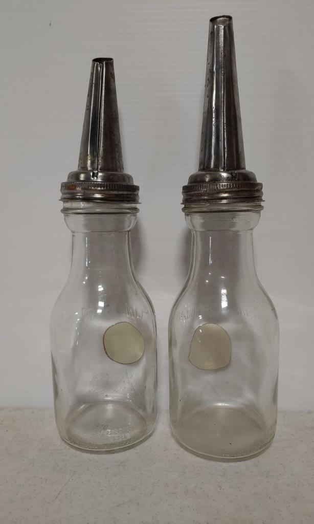 2 quart glass oil cans w/ metal spouts