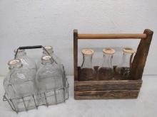 Vintage Glass Milk Bottles And Holding Racks