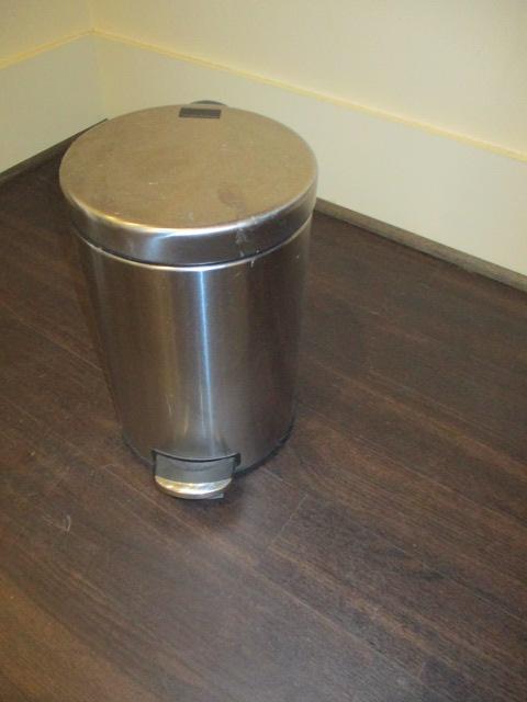 STAINLESS STEEL WASTE BASKET-POP UP LID-13 IN TALL 8 IN WIDE