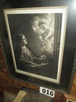 PRINT-1890'S- 2 X 2/5 FT. ORGANIST /SAINT PLAYING ORGAN