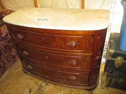 MARBLE TOP 3 DRAWER BOW FRONT MAHOGANY DRESSER. 30 IN  CARVED HANDLES