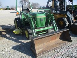 1256 755 JOHN DEERE 2 POST W/70 JD LOADER W/60'' MOWER DECK 1393HRS S/N:M00755C430121