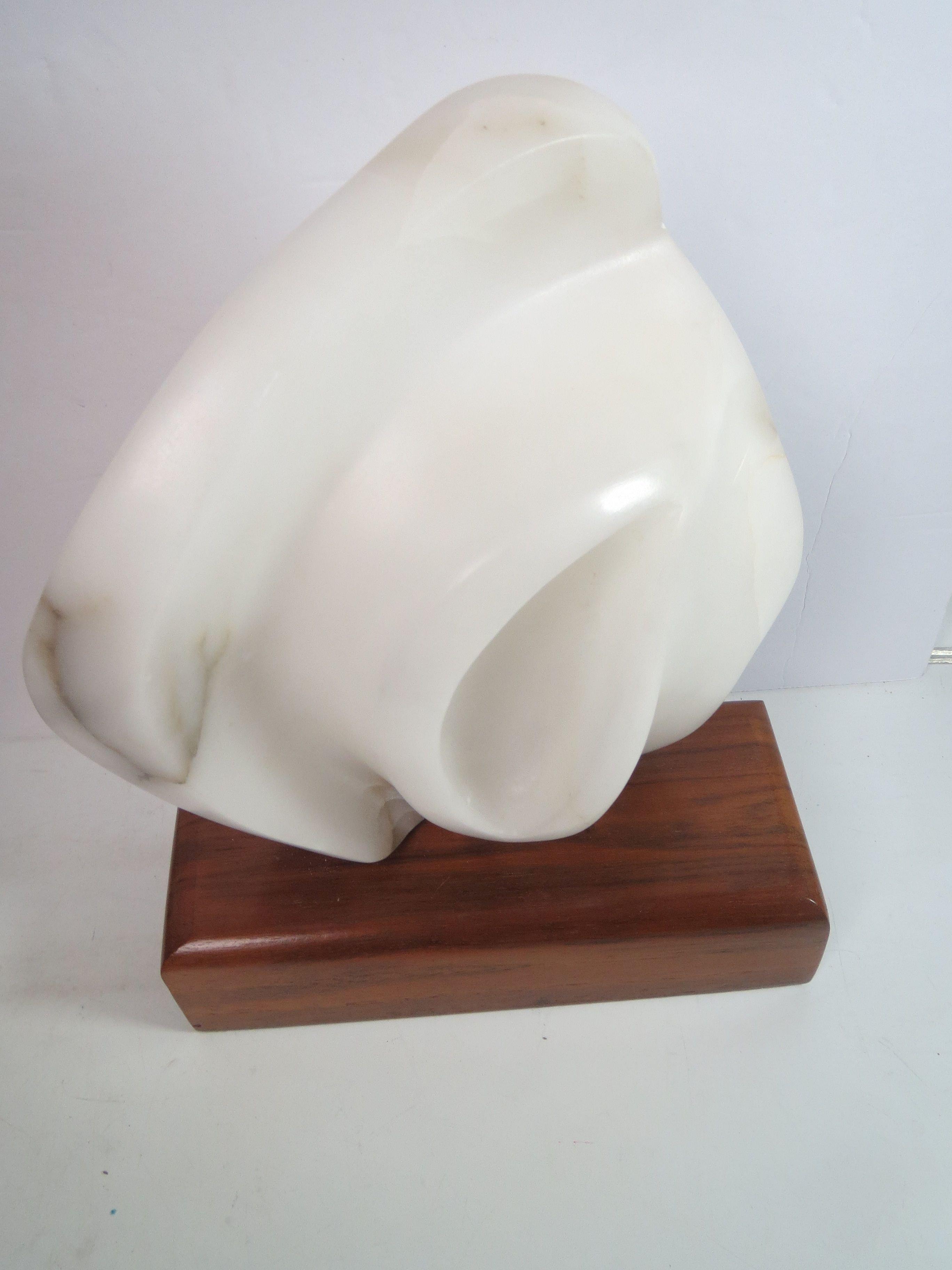 Whiite Marble Flame Sculpture on Wood Base the flame is removeable and it swivels 10 3/4"in HÂ wood
