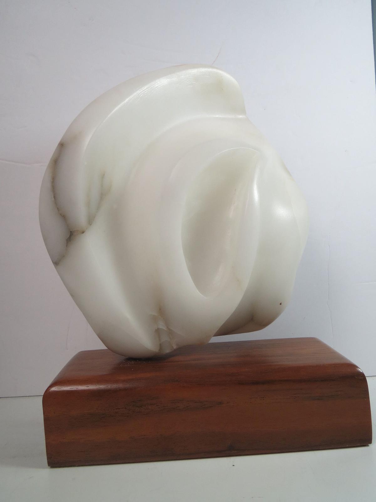 Whiite Marble Flame Sculpture on Wood Base the flame is removeable and it swivels 10 3/4"in HÂ wood