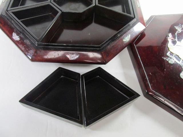 Chinese Octagonal Lacquered Wood Mother of Pearl inlay Peacock design Tray