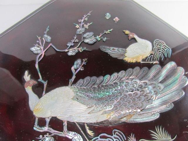 Chinese Octagonal Lacquered Wood Mother of Pearl inlay Peacock design Tray