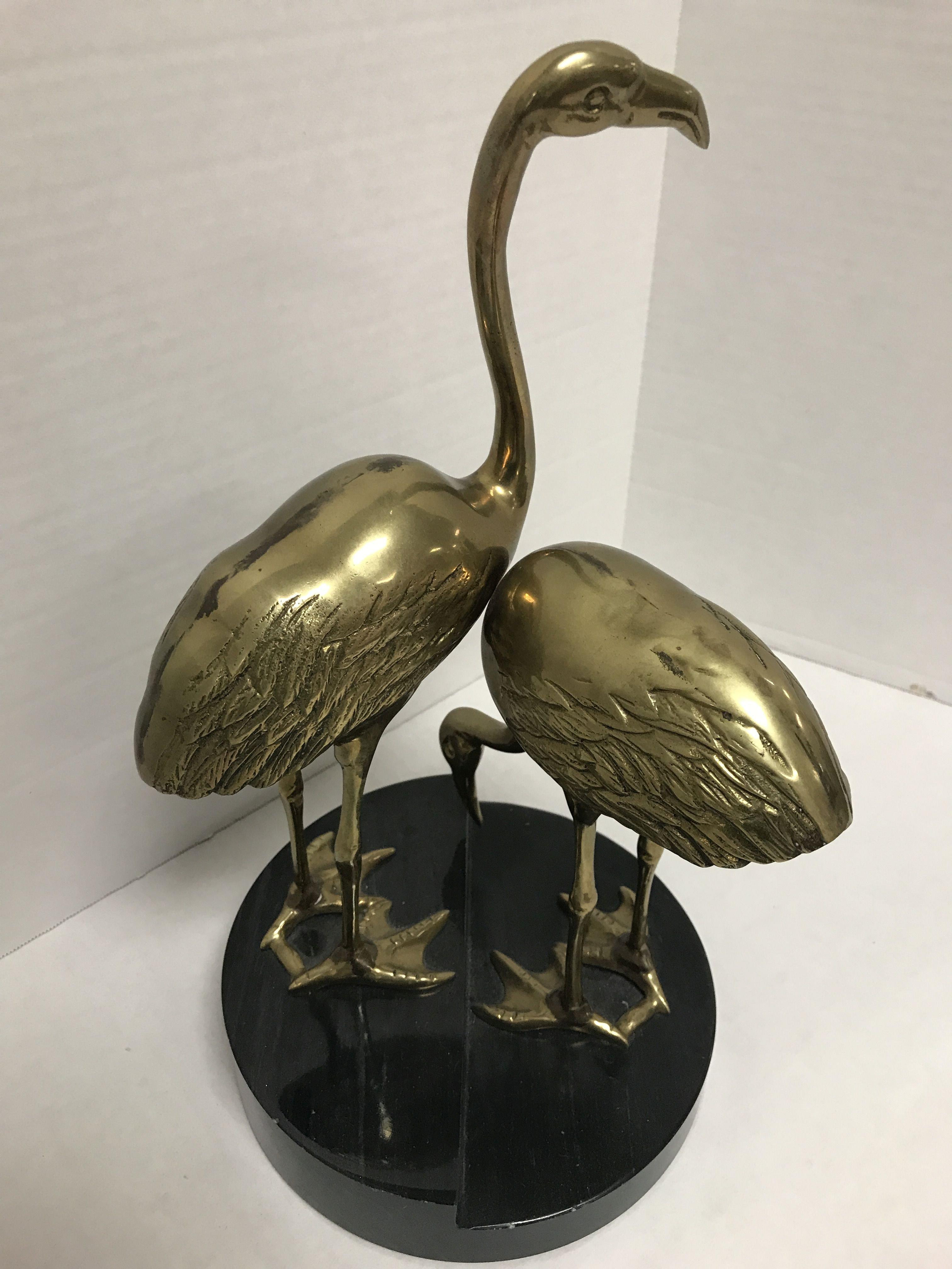 BRASS FLAMINGOS ON MARBLE PEDESTAL