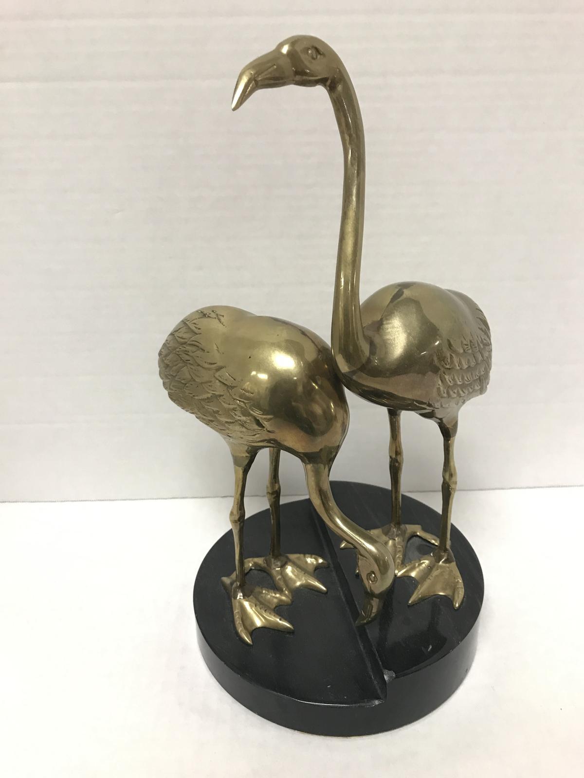 BRASS FLAMINGOS ON MARBLE PEDESTAL