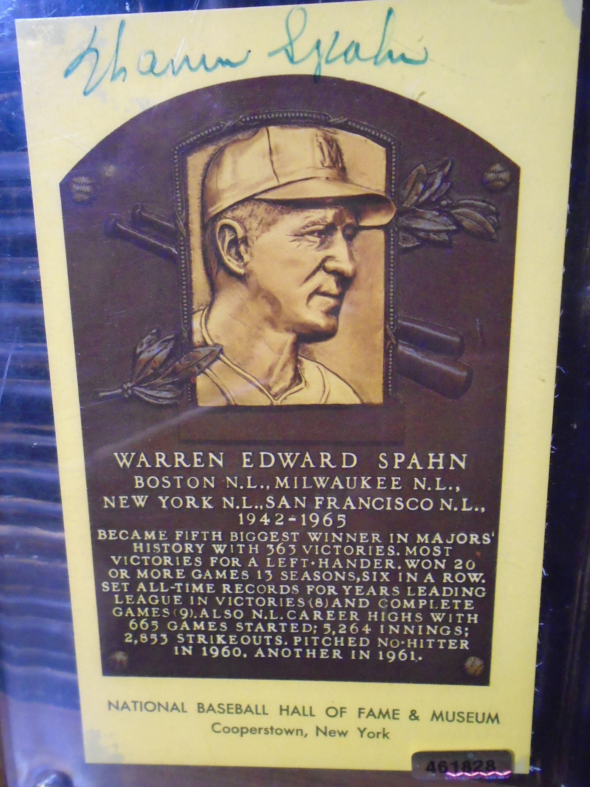 Warren Spahn Autographed Hall of Fame Plaque Card.