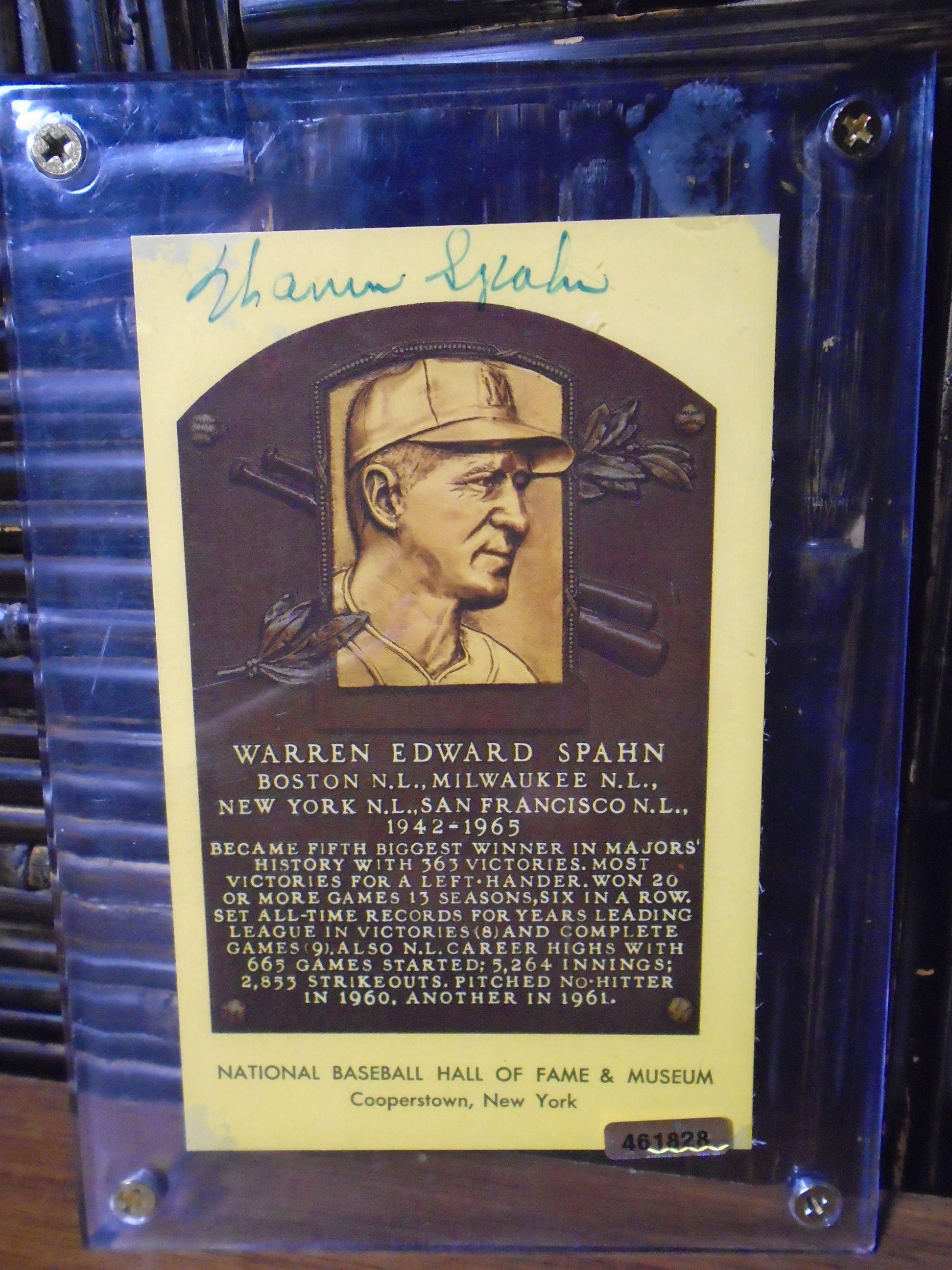 Warren Spahn Autographed Hall of Fame Plaque Card.