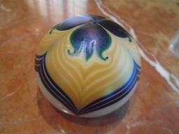 Orient & Flume Paperweight, blue and yellow flower design.