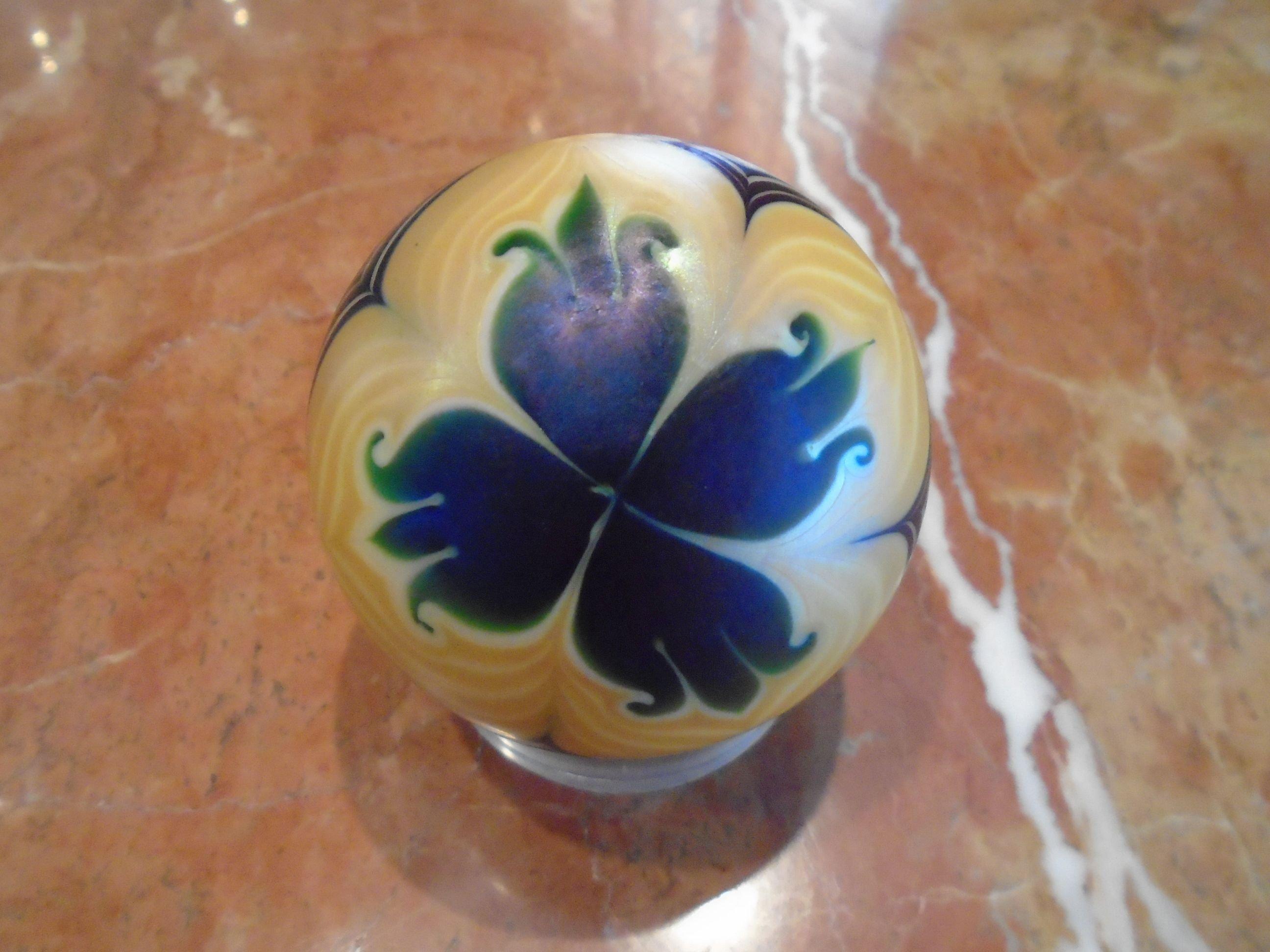 Orient & Flume Paperweight, blue and yellow flower design.