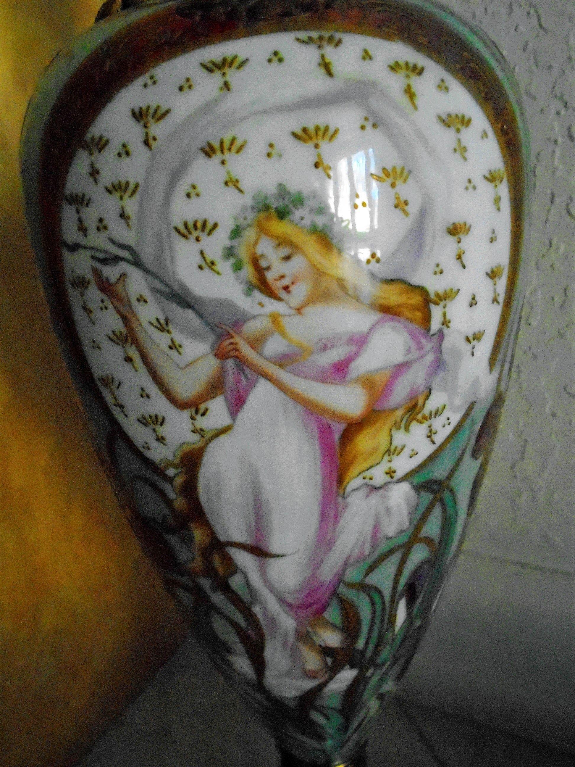 Serves French porcelain vase, light green with woman & floral design