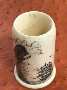 Antique miniature beautifully designed scrimshaw cylindric holder with marine sail boat curving on t