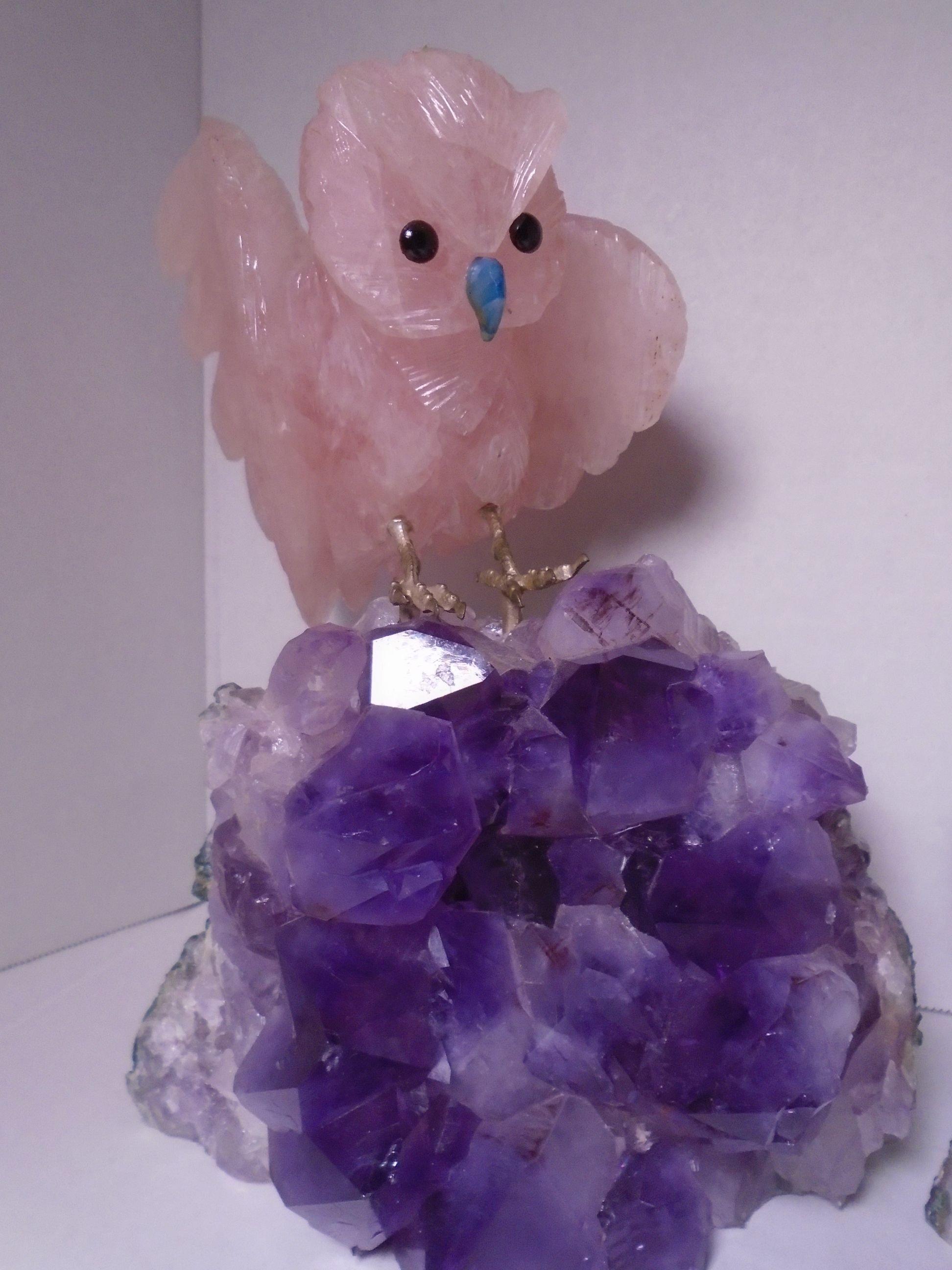 4 pc Precious crystal Birds sitting on amethyst geodes.