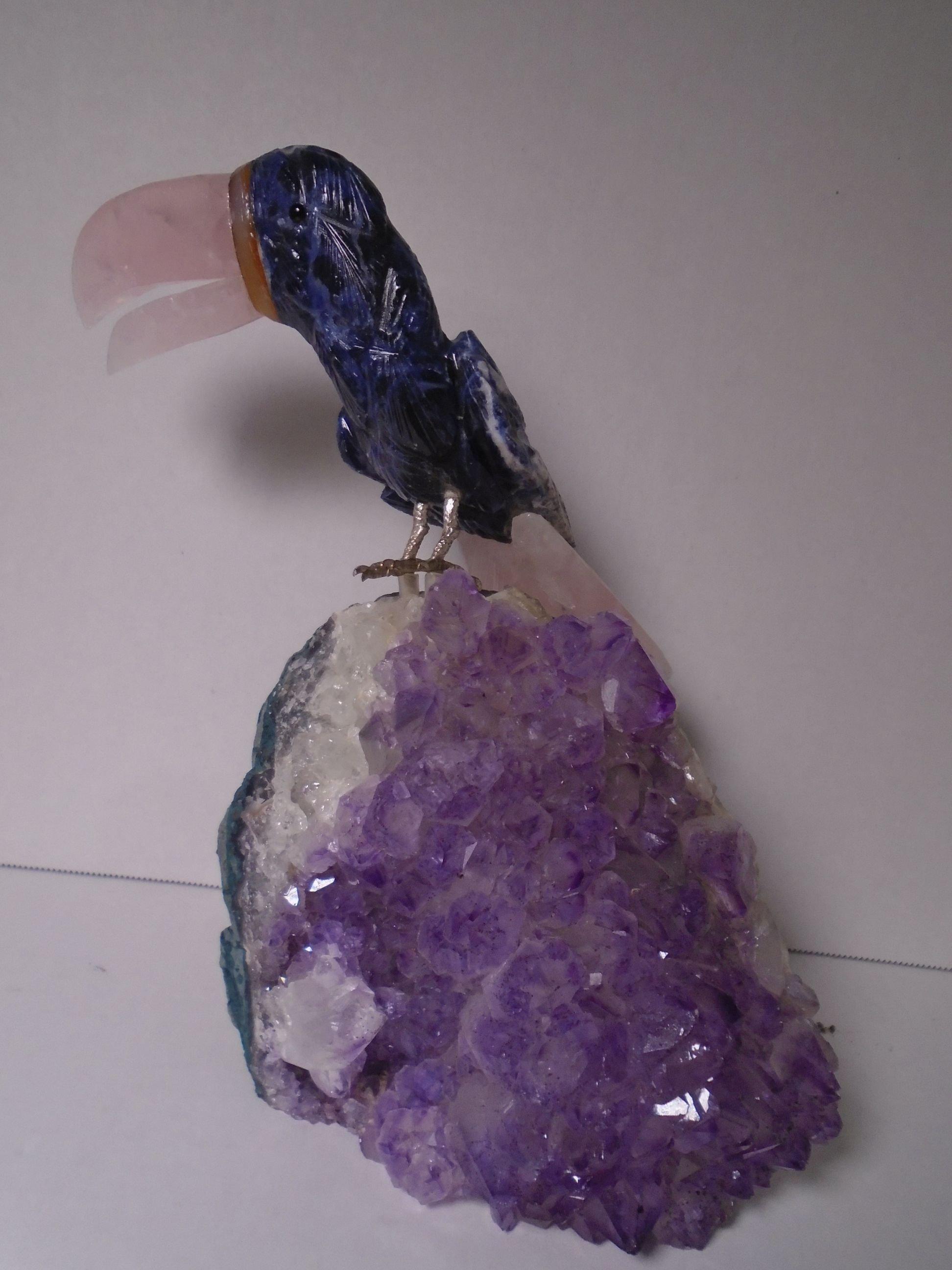 4 pc Precious crystal Birds sitting on amethyst geodes.