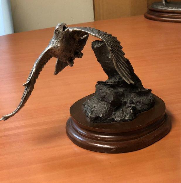 Pewter collectable sculpture, 'Peregrine FALCON', on the mahogany base, signed and numbered collecta