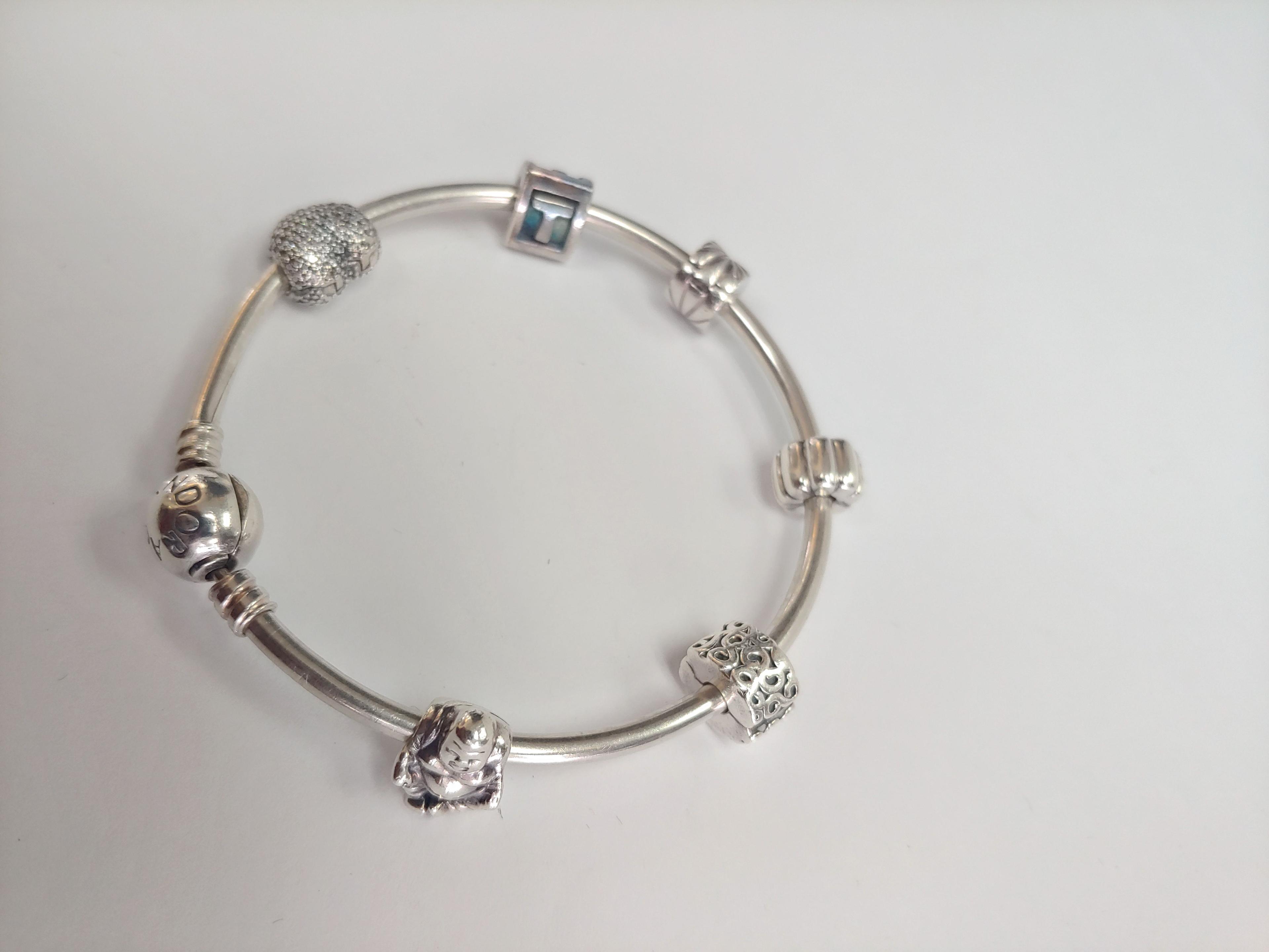 Designers Womens Pandora Bangle Bracelet with 6 Charm Charms and Box