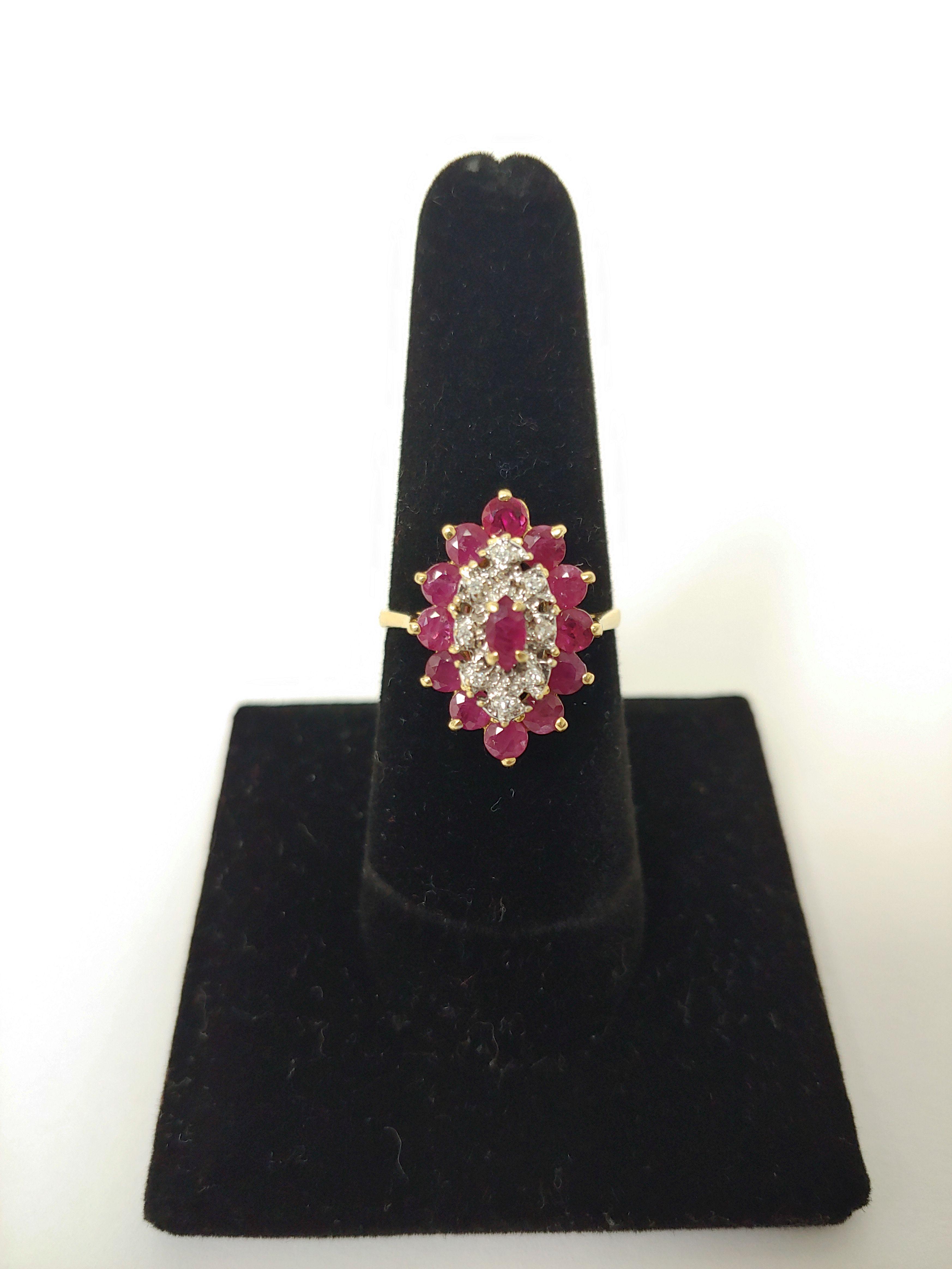 14k Women's Flower Ruby Diamond Yellow Gold Ring Size 6.5