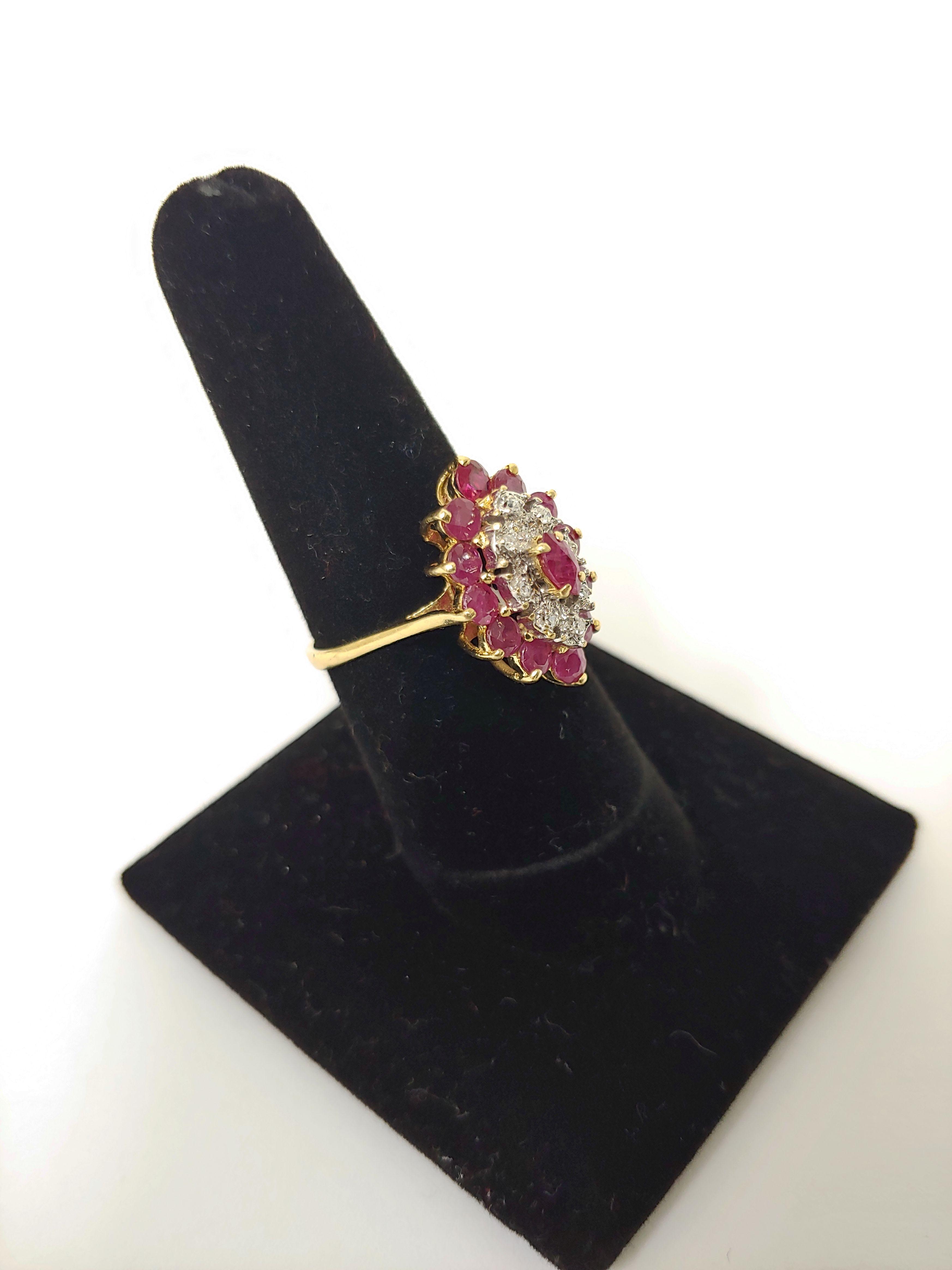 14k Women's Flower Ruby Diamond Yellow Gold Ring Size 6.5