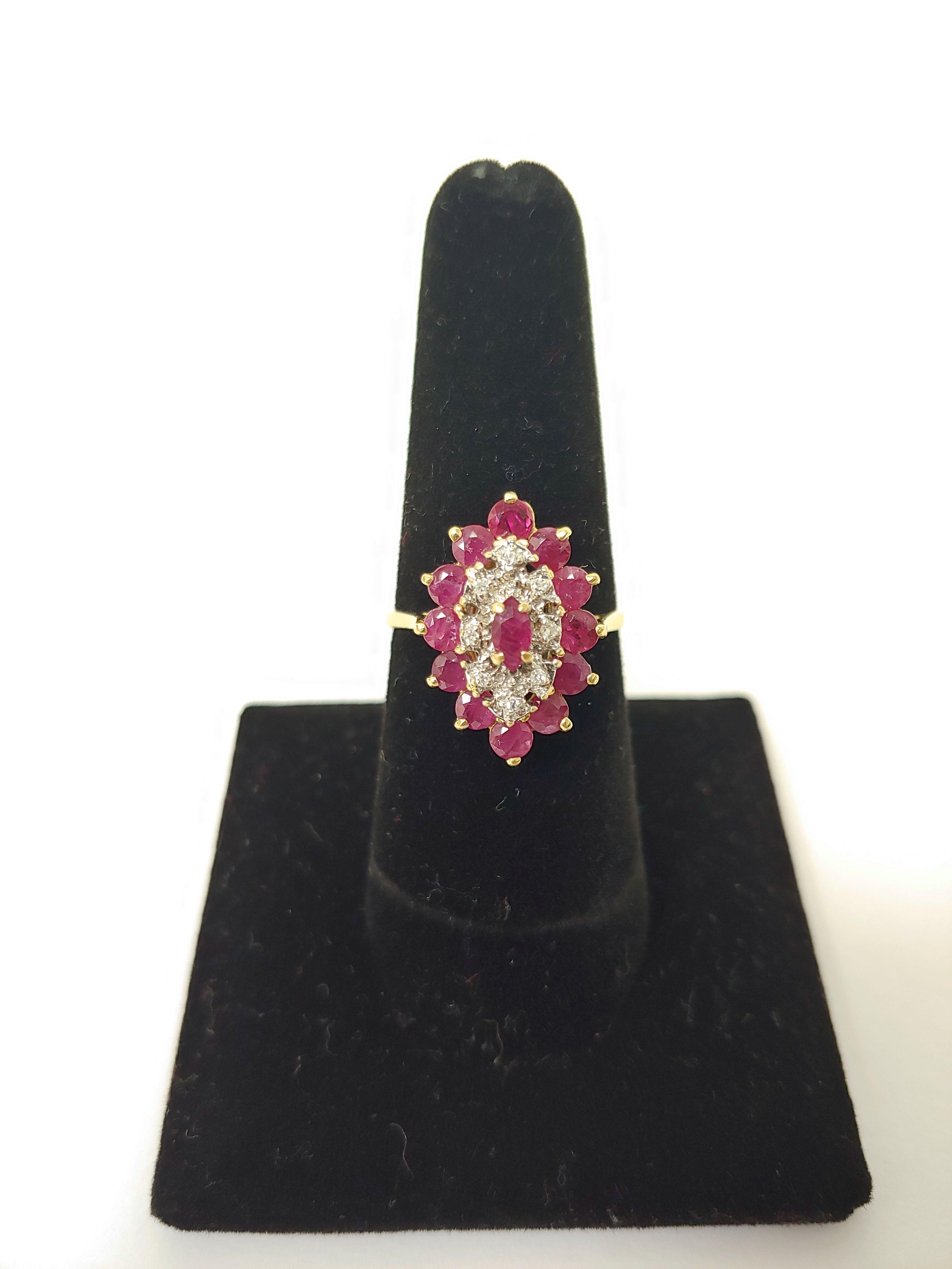 14k Women's Flower Ruby Diamond Yellow Gold Ring Size 6.5