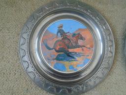 Set of 3 The Pioneer Foundry Plates. Porcelain plates inset in Pewter frames.