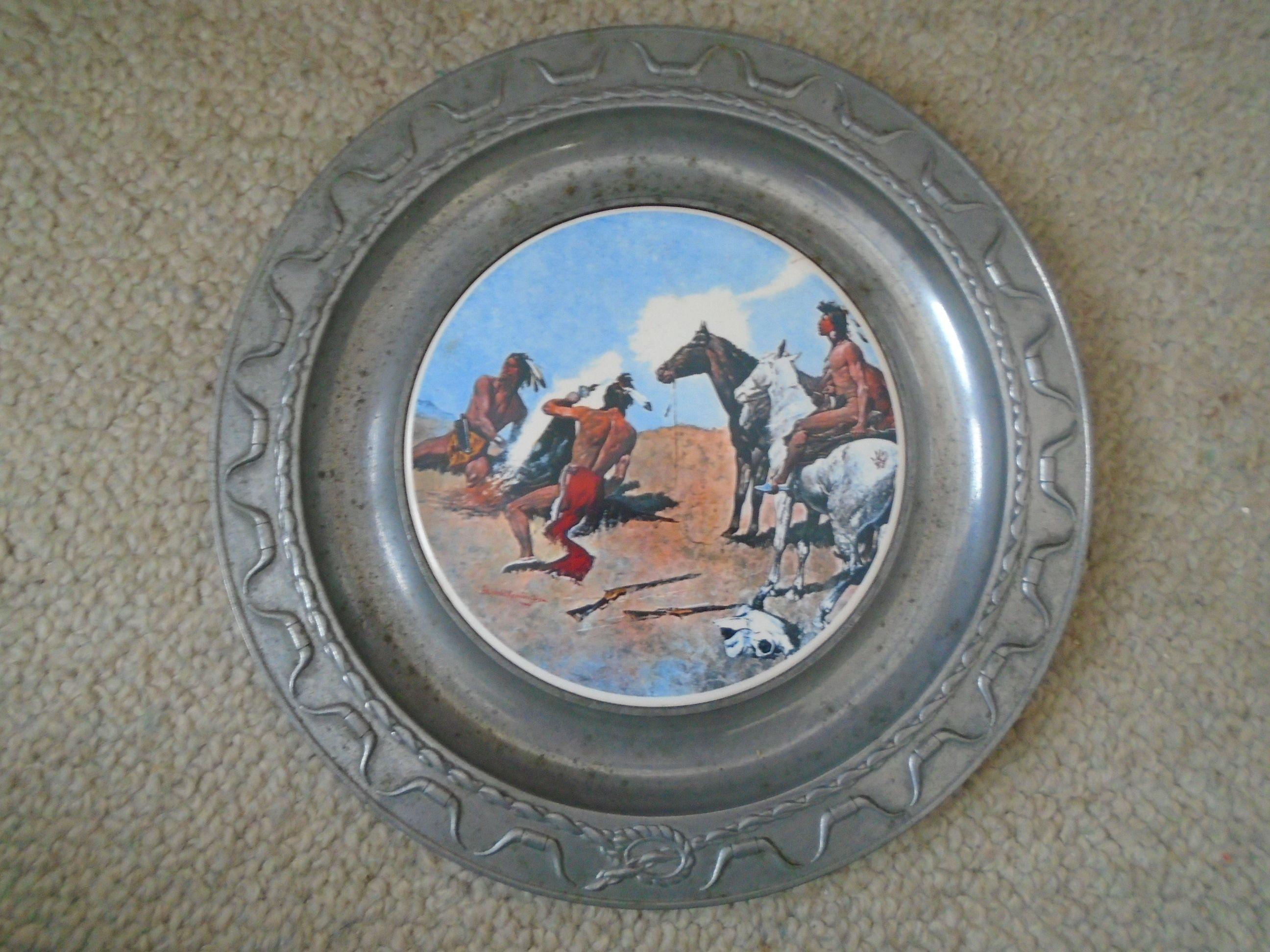 Set of 3 The Pioneer Foundry Plates. Porcelain plates inset in Pewter frames.
